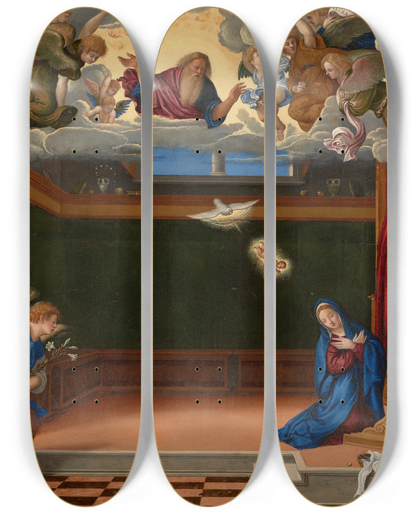 Triptych art skateboard deck of Girolamo Da Santacroce The Annunciation by Girolamo Da Santacroce (1490-1556)