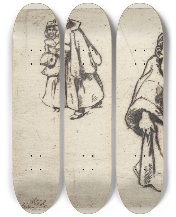 Triptych art skateboard deck of Hans Nikolaj Hansen Forargelsen by Hans Nikolaj Hansen (1853-1923)