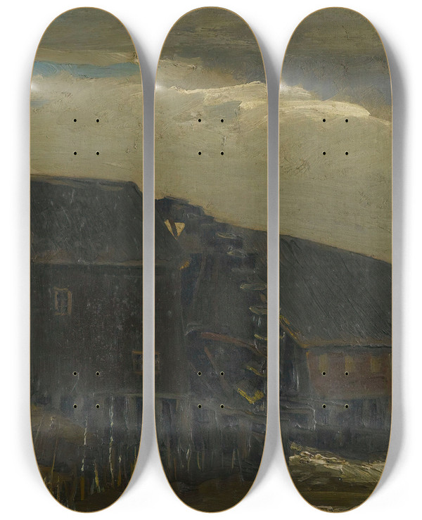 Triptych art skateboard deck of Vincent Van Gogh Water Mill At Opwetten by Vincent van Gogh (1853-1890)