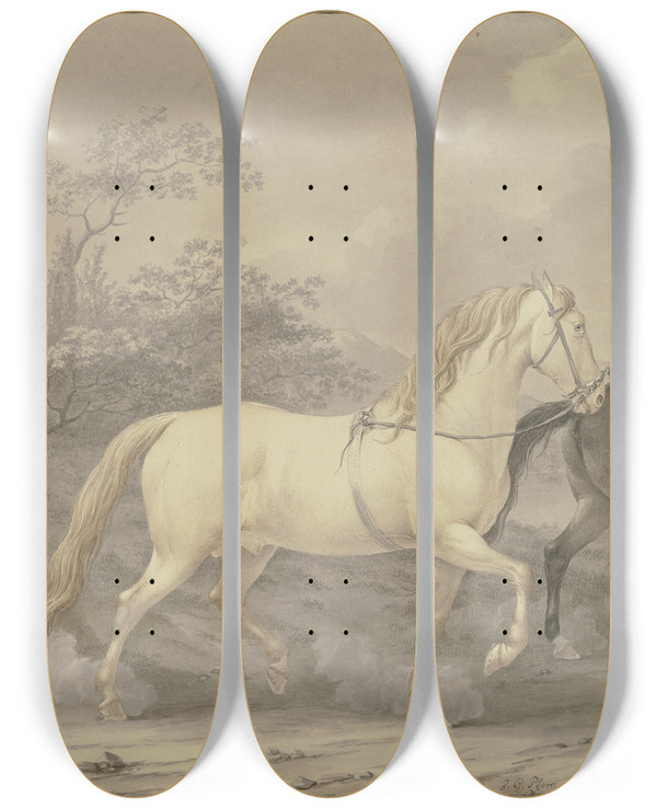 Triptych art skateboard deck of Johann Georg Pforr Danish Horses by Johann Georg Pforr (1745-1798)