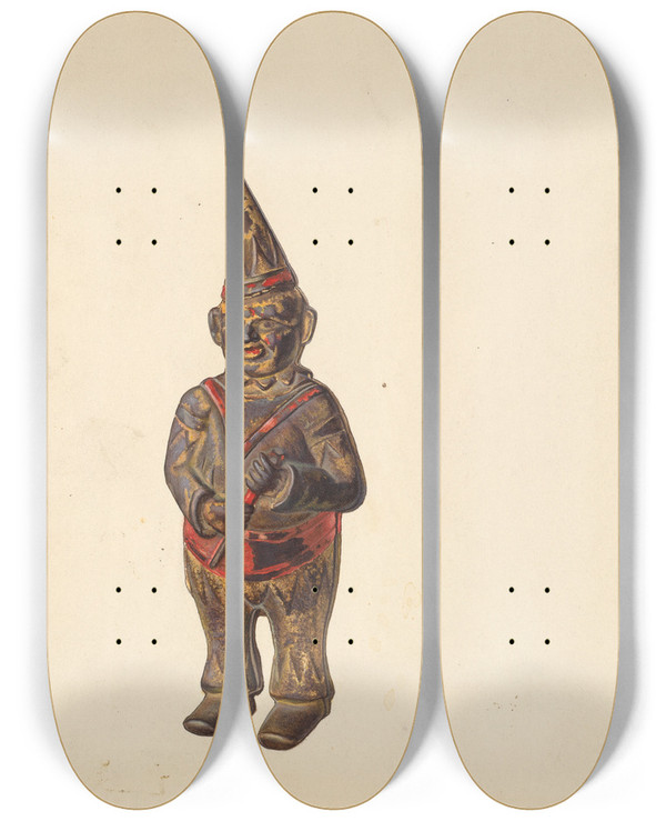 Triptych art skateboard deck of Alf Bruseth Fat Clown Coin Bank by Alf Bruseth