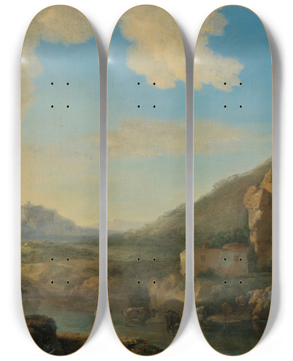 Triptych art skateboard deck of Jan Asselijn Mountainous Landscape by Jan Asselijn (1610-1652)
