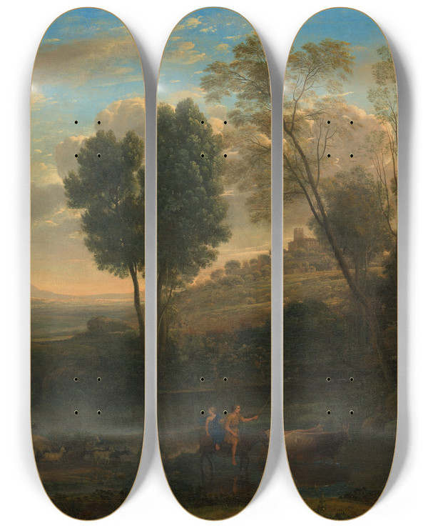 Triptych art skateboard deck of Claude Lorrain Sunrise_1 by Claude Lorrain (1604-1682)