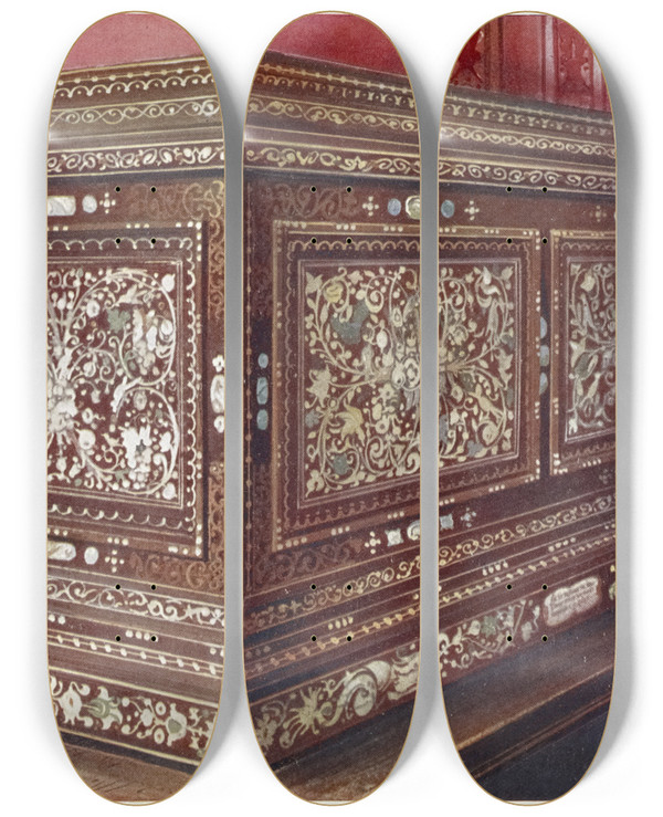 Triptych art skateboard deck of Edwin Foley Inlaid Jewel Casket Of Walnut Wood Panelled Front Sides And Top by Edwin Foley (1859-1912)