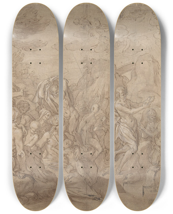 Triptych art skateboard deck of Maerten De Vos Baptism Of Christ by Maerten De Vos (1532-1603)