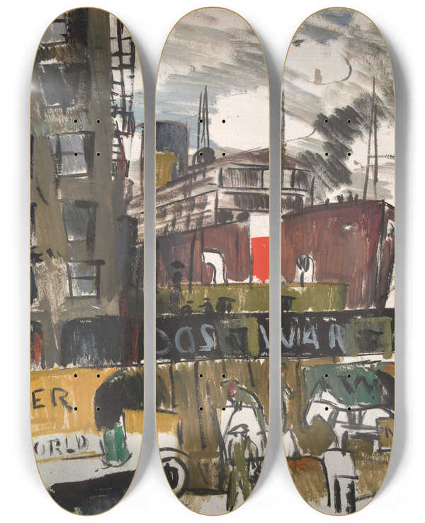 Triptych art skateboard deck of Joaqun Torresgarca New Yorkdocks by Joaqun Torres-Garca (1874-1949)