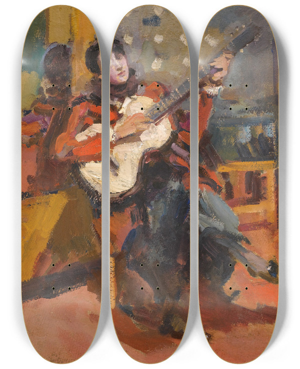Triptych art skateboard deck of Konstantin Alexeevich Korovin The Guitar Player by Konstantin Alexeevich Korovin (1861-1939)
