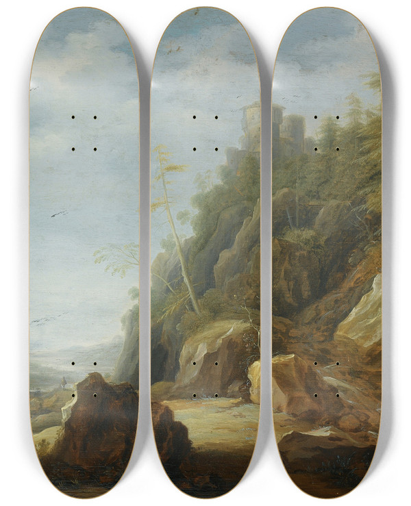 Triptych art skateboard deck of Joachim Govertsz Camphuysen A Rocky Mountain Landscape With A Stronghold On A Hill Topshepherdswith Their Flock Beyond by Joachim Govertsz Camphuysen (1601-1659)