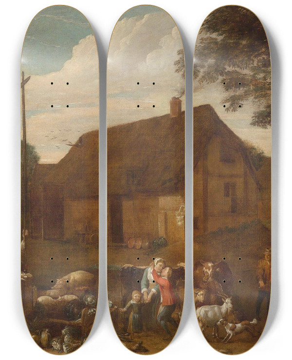 Triptych art skateboard deck of Egbert Van Der Poel In A Farmyard by Egbert van der Poel (1621-1664)