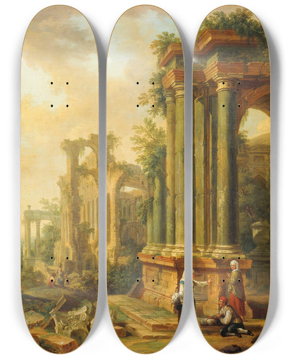 Triptych art skateboard deck of Christian Georg Schtz The Elder Landscape With Ancient Ruins And A Column by Christian Georg Schtz the elder (1718-1791)