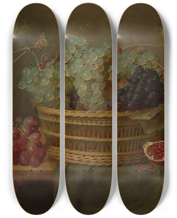 Triptych art skateboard deck of Jacob Van Hulsdonck A Basket Of Grapes And A Pomegranate On A Table by Jacob Van Hulsdonck (1582-1647)