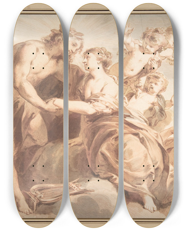 Triptych art skateboard deck of Jacob De Wit Apollo And Thetis by Jacob de Wit (1695-1754)