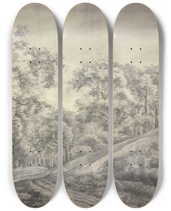 Triptych art skateboard deck of Antonie Waterloo Waldpartie Ein Weg Schlngelt Sich An Einem Rechts Liegenden Baumlosen Hgel Vorbei In Einen Laubwald Hinein Links Im Hintergrund Einige Htten by Antonie Waterloo (1609-1690)