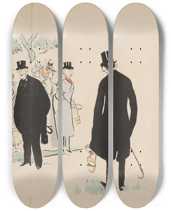 Triptych art skateboard deck of Georges Goursat Sem Le Prince Troubetzkoy La Baronne Alphonse De Rothschild Le Baron Gustave De Rothschild Le Marquis Boni De Castellane Monsieur Emile Deschamps by Georges Goursat (Sem) (1863-1934)