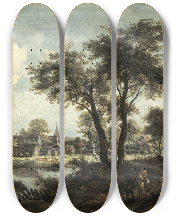 Triptych art skateboard deck of Meindert Hobbema Village Near A Pool by Meindert Hobbema (1638-1709)