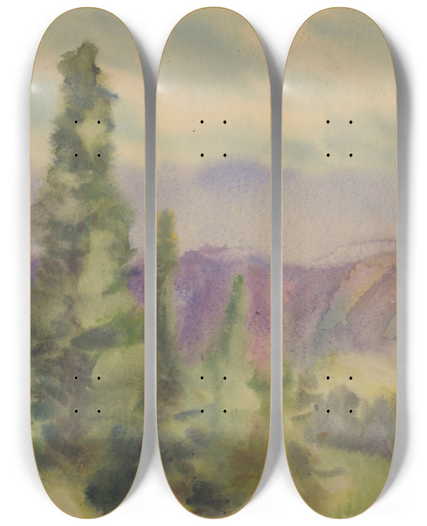 Triptych art skateboard deck of Zolo Palugyay Motif From Liptov Mountains by Zolo Palugyay (1898-1935)