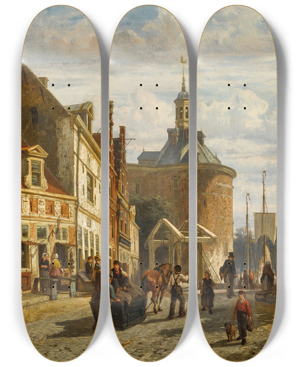 Triptych art skateboard deck of Cornelis Springer The Zuiderspui With The Drommedaris Enkhuizen by Cornelis Springer (1817-1891)