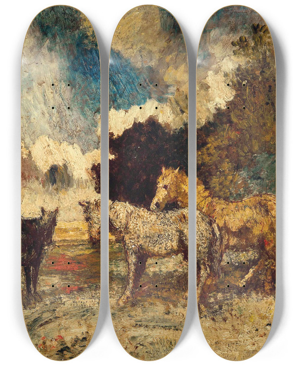 Triptych art skateboard deck of Adolphe Monticelli Les Trois Chevaux by Adolphe Monticelli (1824-1886)