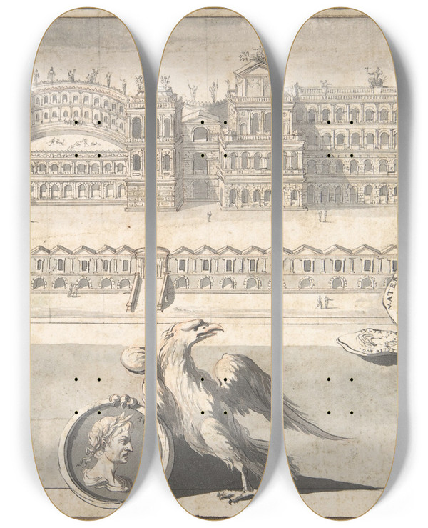 Triptych art skateboard deck of Jan Goeree A Reconstructed View Of The Palace On The Palantine Hill by Jan Goeree (1670-1731)