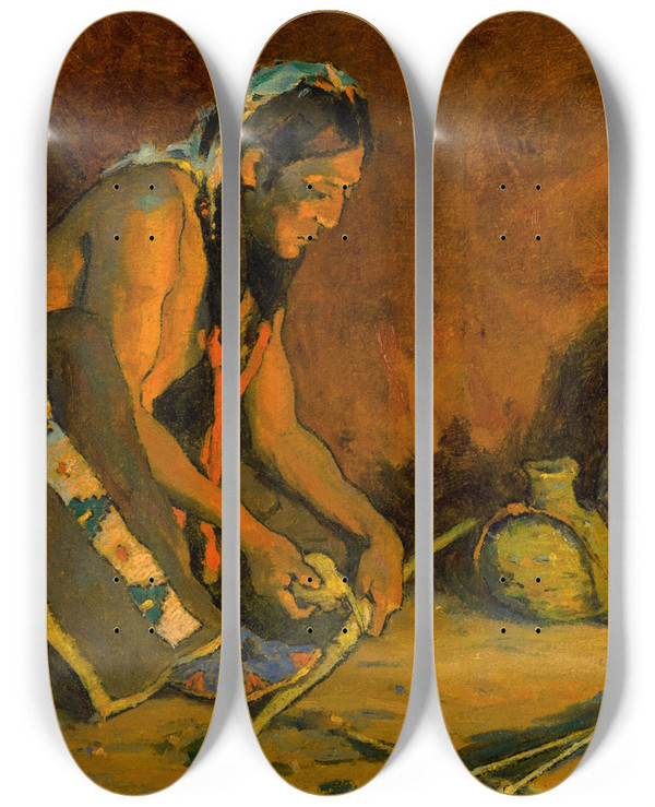 Triptych art skateboard deck of Eanger Irving Couse Winding The Bow by Eanger Irving Couse (1866-1936)
