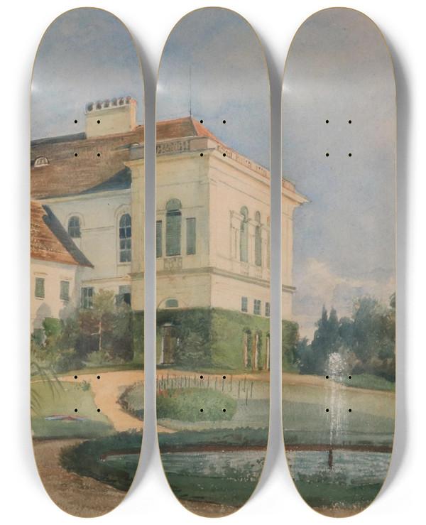 Triptych art skateboard deck of Marie Egner Schlosspark Mit Springbrunnen by Marie Egner (1850-1940)