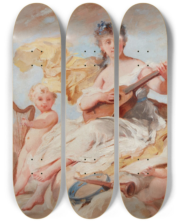 Triptych art skateboard deck of Charles Chaplin Allegory Of Music by Charles Chaplin (1825-1891)