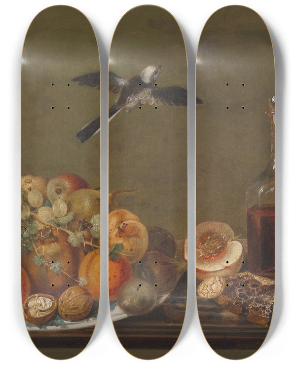 Triptych art skateboard deck of Johann Matthias Wurzer Stillleben Mit Feigen Und Pfeln by Johann Matthias Wurzer (1760-1838)