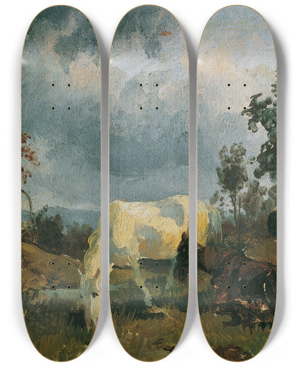 Triptych art skateboard deck of Friedrich August Matthias Gauermann Ein Schimmel Auf Der Heide by Friedrich August Matthias Gauermann (1807-1862)