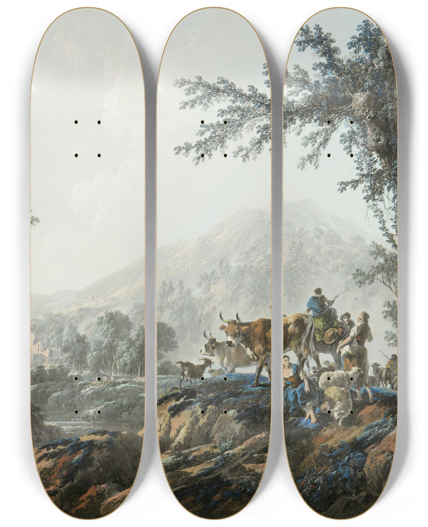 Triptych art skateboard deck of Jeanbaptiste Pillement Pastoral Landscape by Jean-Baptiste Pillement (1728-1808)