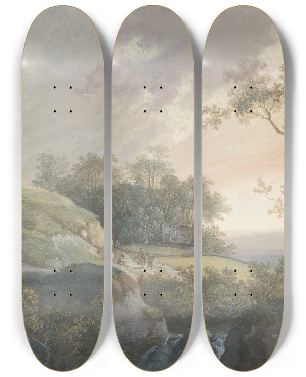 Triptych art skateboard deck of Johann Georg Wagner The Morning by Johann Georg Wagner (1732-1767)