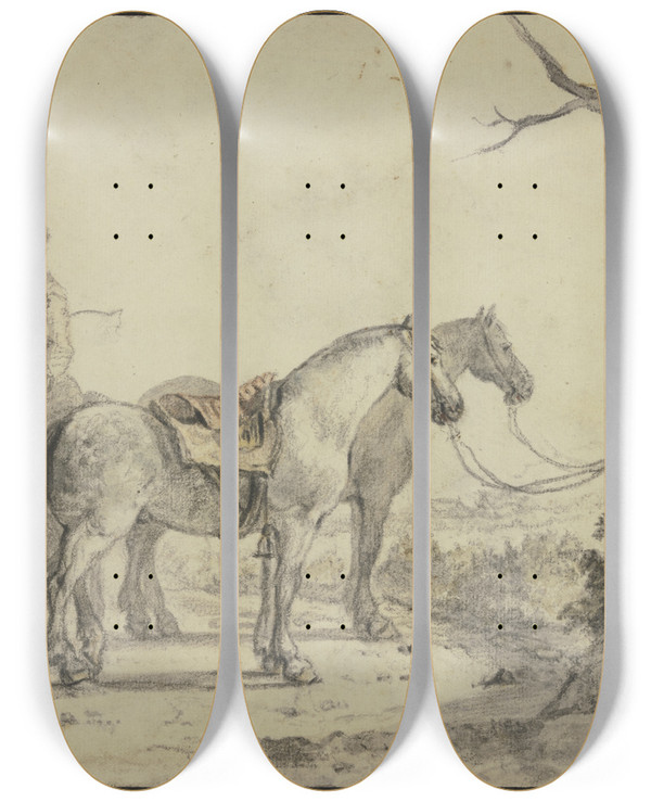 Triptych art skateboard deck of Aelbert Cuyp Zwei Gesattelte Pferde An Einen Baum Gebunden Dabei Ein Reiter by Aelbert Cuyp (1620-1691)