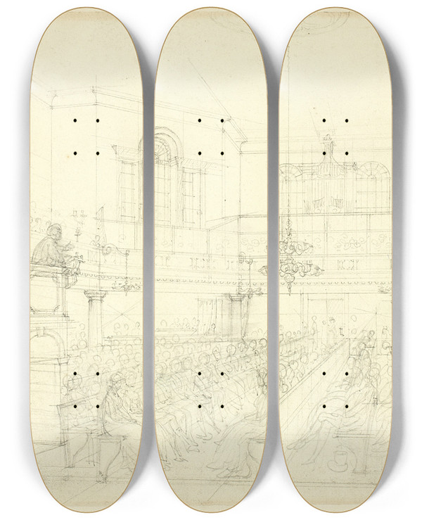 Triptych art skateboard deck of Augustus Charles Pugin Study For The Magdalen Chapel From Microcosm Of London by Augustus Charles Pugin (1762-1832)