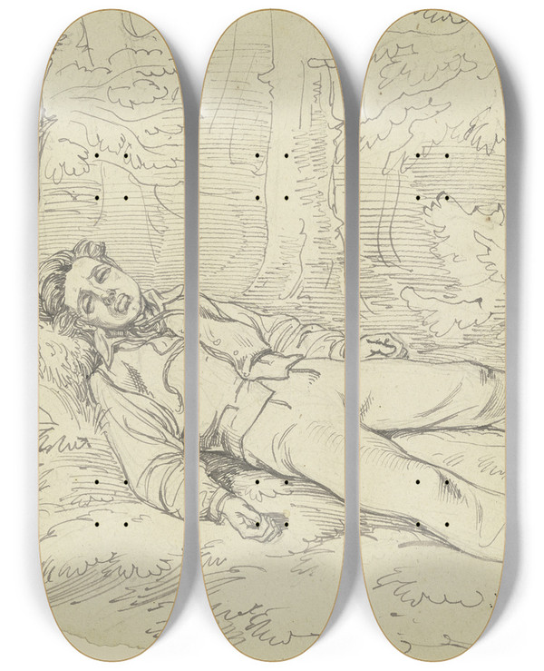 Triptych art skateboard deck of Ferdinand Fellner A Hanged Man Lying In The Forest by Ferdinand Fellner (1799-1859)