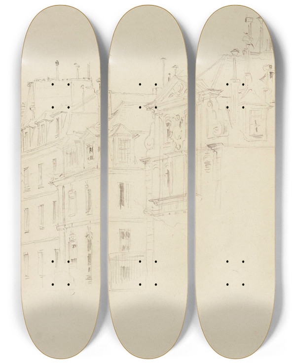 Triptych art skateboard deck of Frdric Houbron Faades Dimmeubles Parisiens Du Xviime Sicle by Frederic Houbron (1851-1908)