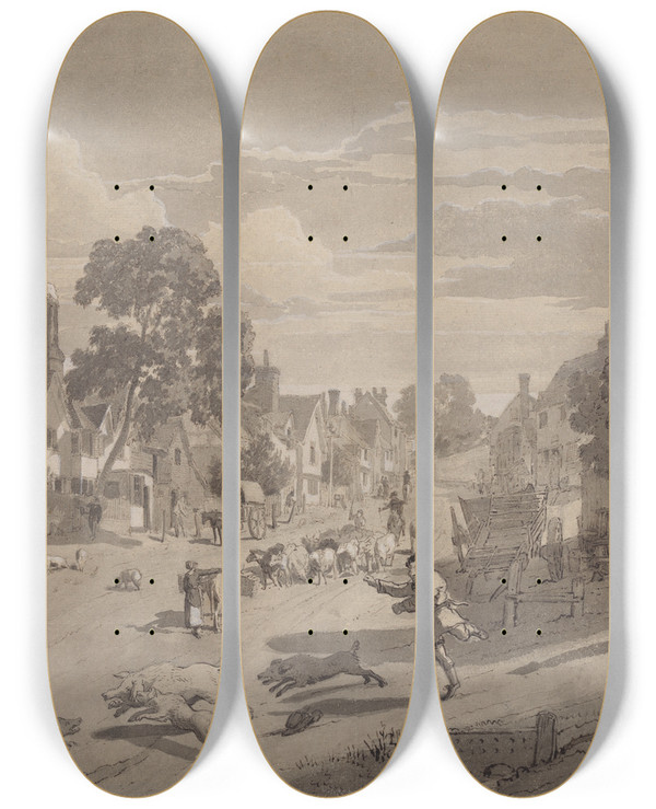 Triptych art skateboard deck of Henry Monro High Street At Bushey Hertfordshire by Henry Monro (1791-1814)