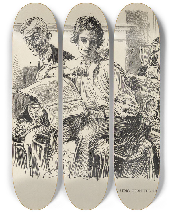 Triptych art skateboard deck of Charles Dana Gibson A Story From The Front by Charles Dana Gibson (1867-1944)