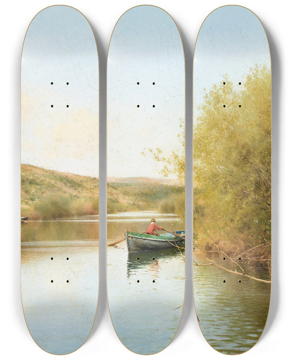 Triptych art skateboard deck of Emilio Snchezperrier On The River by Emilio Snchez-Perrier (1855-1907)