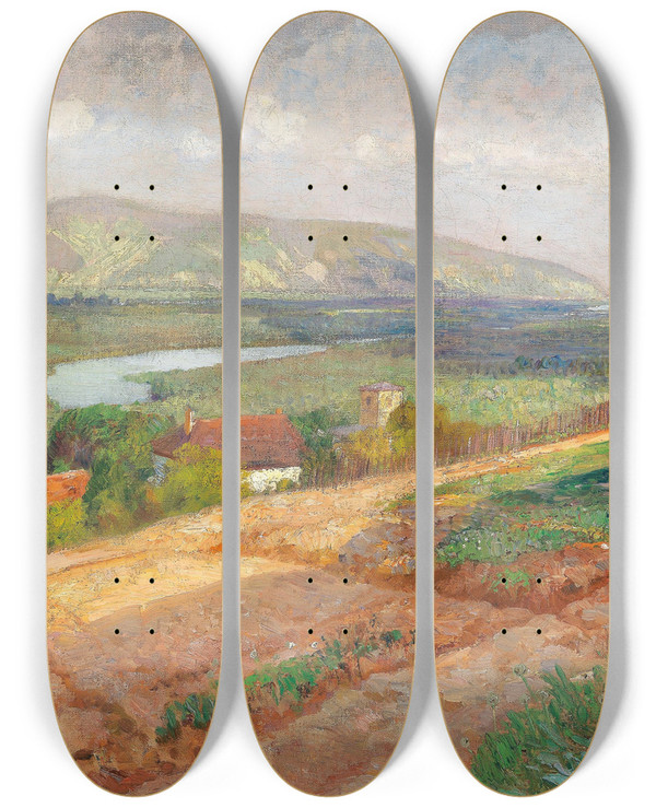 Triptych art skateboard deck of Marie Egner Blick Gegen Den Bisamberg by Marie Egner (1850-1940)