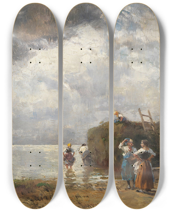 Triptych art skateboard deck of Joseph Wopfner Heuschiff Am Chiemsee by Joseph Wopfner (1843-1927)