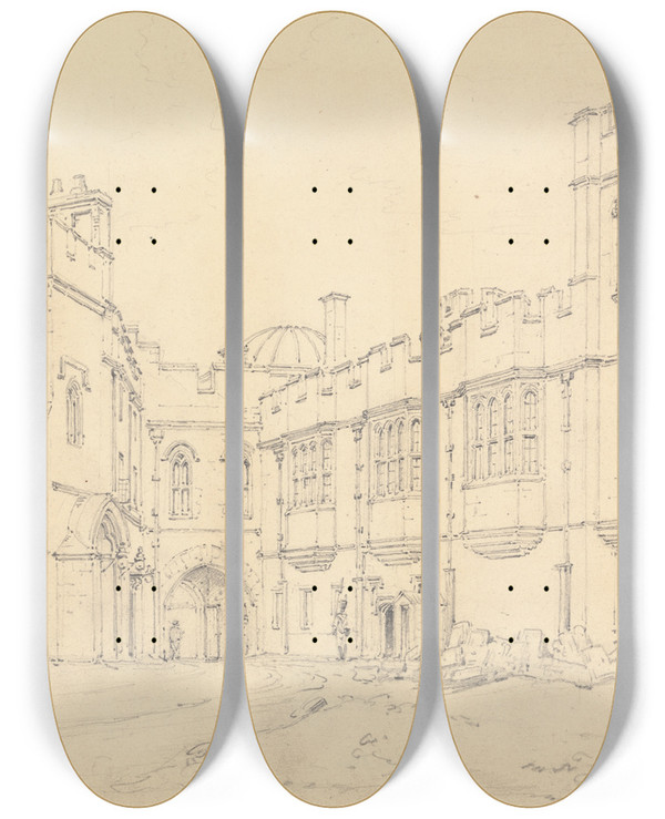 Triptych art skateboard deck of Henry Edridge Queen Elizabeths Gallery And Black Princes Gate Windsor by Henry Edridge (1769-1821)