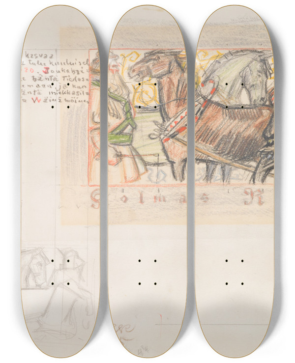 Triptych art skateboard deck of Akseli Gallenkallela The Great Kalevala Poem Iii Sketch For The Opening Vignette by Akseli Gallen Kallela (1865-1931)