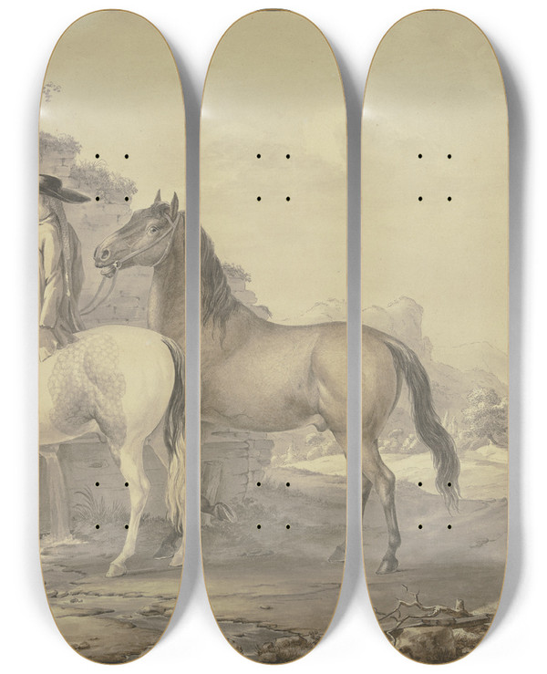 Triptych art skateboard deck of Johann Georg Pforr Spanish Horses by Johann Georg Pforr (1745-1798)