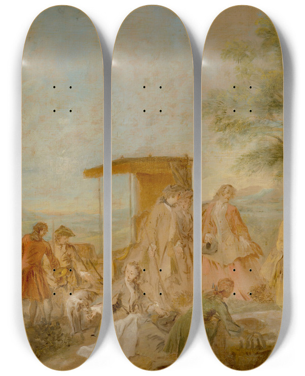 Triptych art skateboard deck of Nicolas Lancret The Repast Of The Hunting Party by Nicolas Lancret (1690-1743)