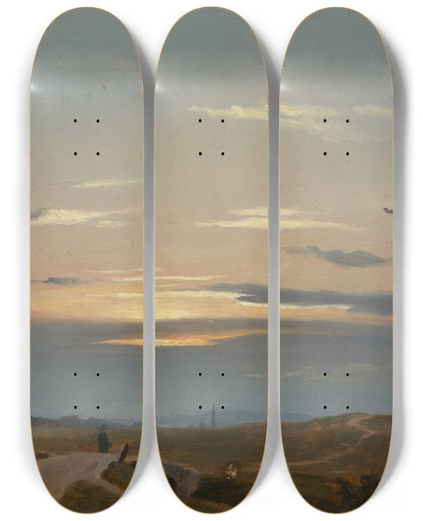 Triptych art skateboard deck of Eugen Bracht Abendlandschaft by Eugen Bracht (1842-1921)