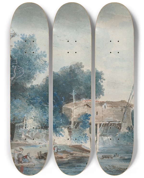 Triptych art skateboard deck of Louis Gabriel Moreau A River Landscape With Washerwomen By A Mill by Louis Gabriel Moreau (1740-1806)