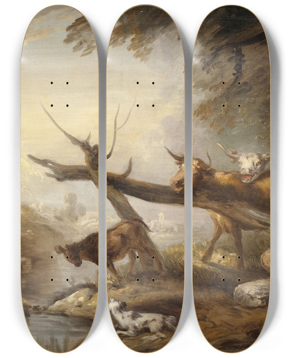 Triptych art skateboard deck of Elias Martin Cattle By A Stream by Elias Martin (1739-1818)