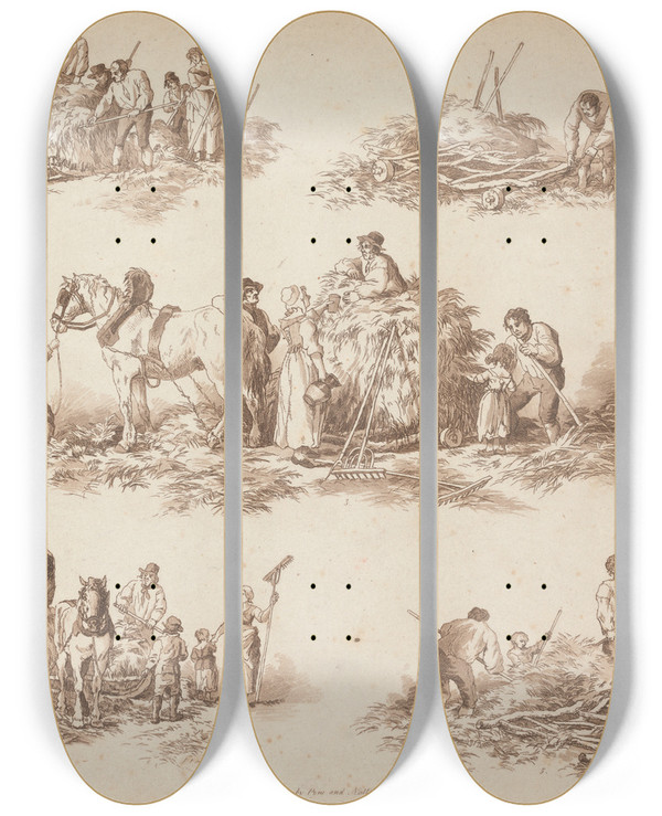 Triptych art skateboard deck of William Henry Pyne Hay Making by William Henry Pyne (1769-1843)
