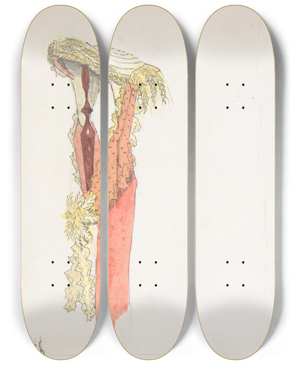 Triptych art skateboard deck of Auguste Flix Two Views Side And Front Of A Hat On A Stand by Auguste Felix (1860)