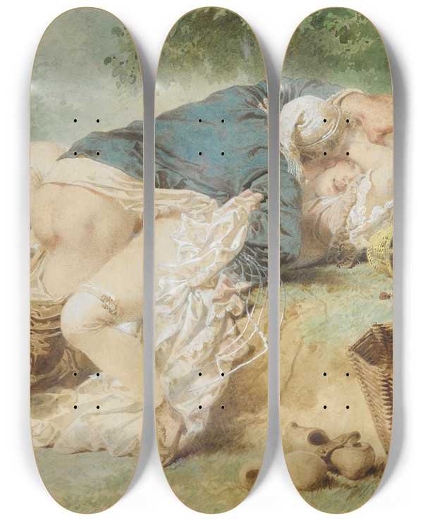 Triptych art skateboard deck of Mihly Zichy Lovers In A Park by Mihaly Zichy (1827-1906)