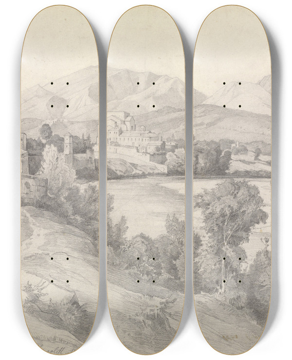 Triptych art skateboard deck of Edmund Kanoldt View Of Benevento by Edmund Kanoldt (1845-1904)